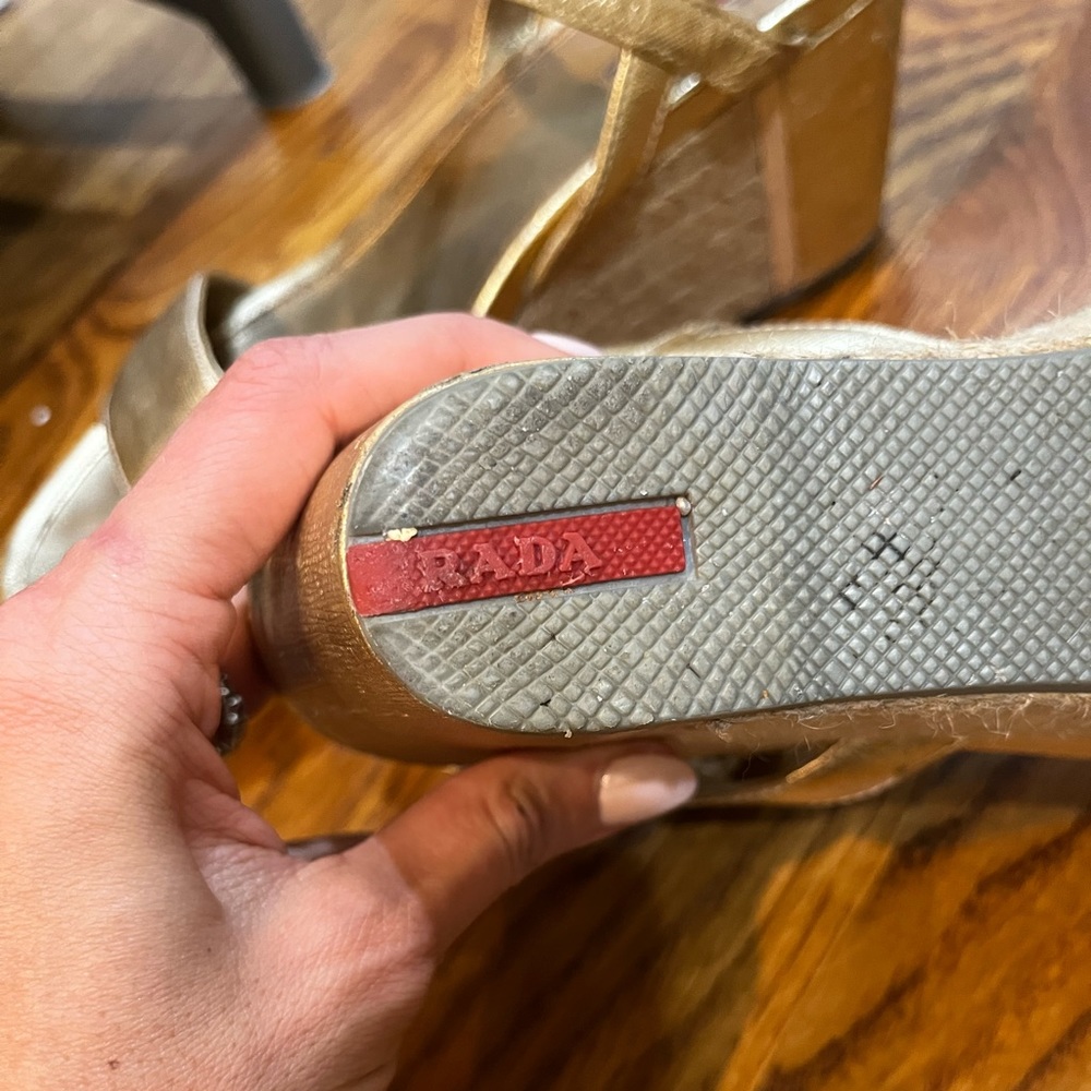 Prada Linea Rosa Gold Metallic Platform Wedges Sa… - image 3